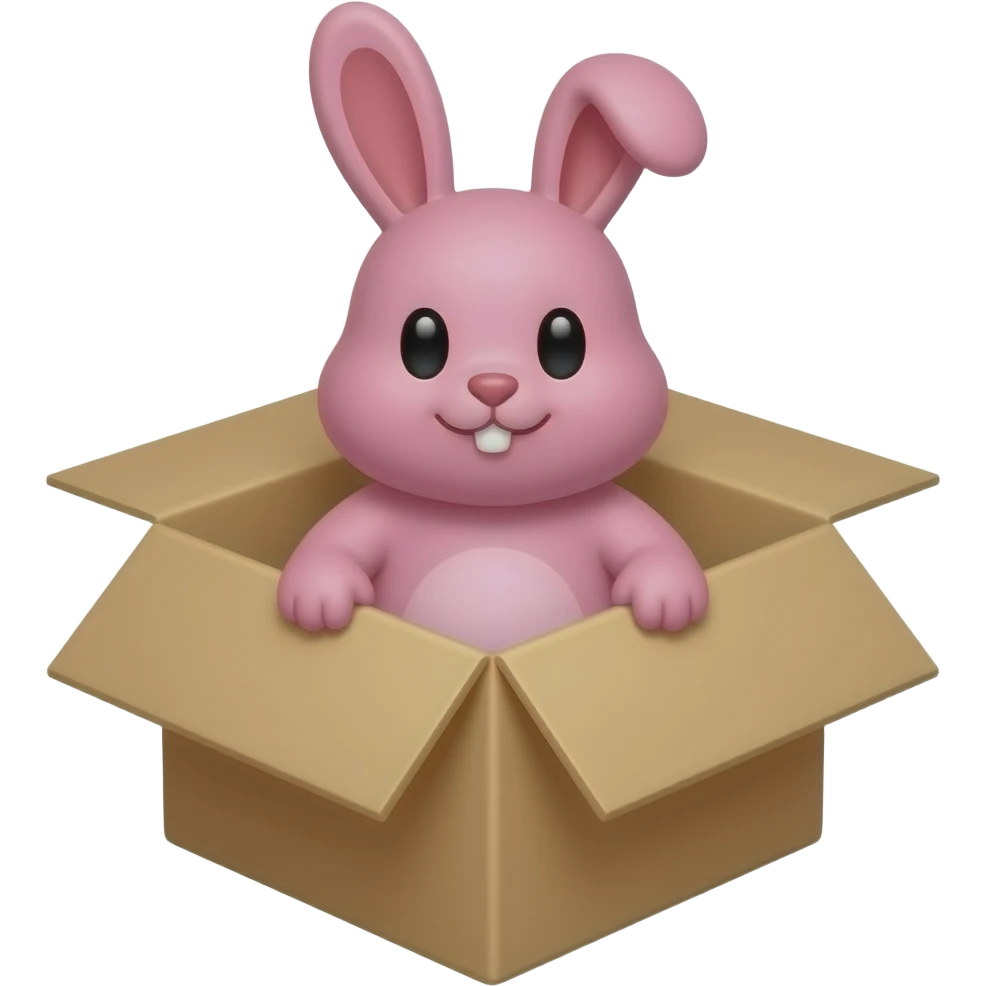 chubby pink bunny in cardboard box stubby ears black eyes emoji