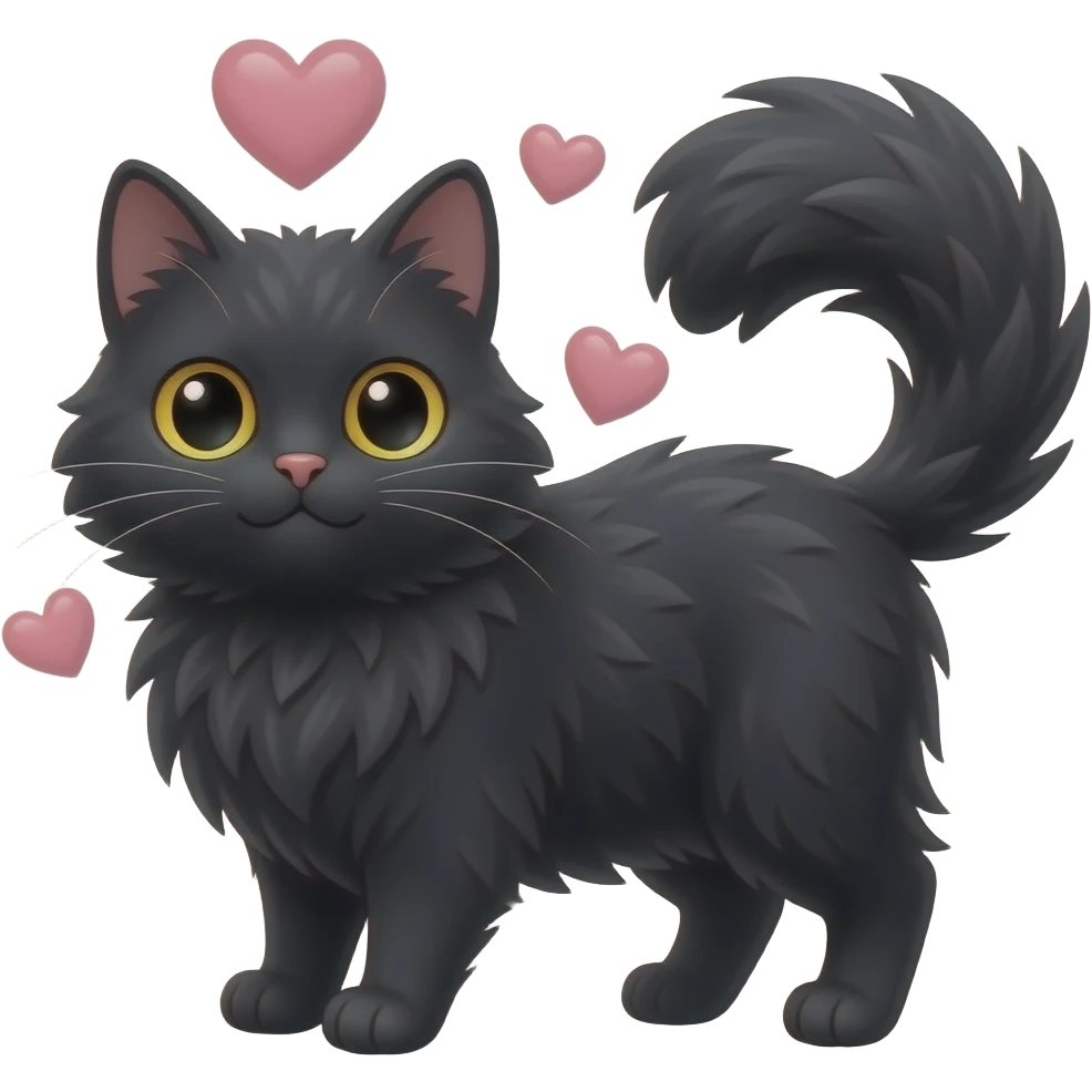 Black fluffy cat with hearts emoji