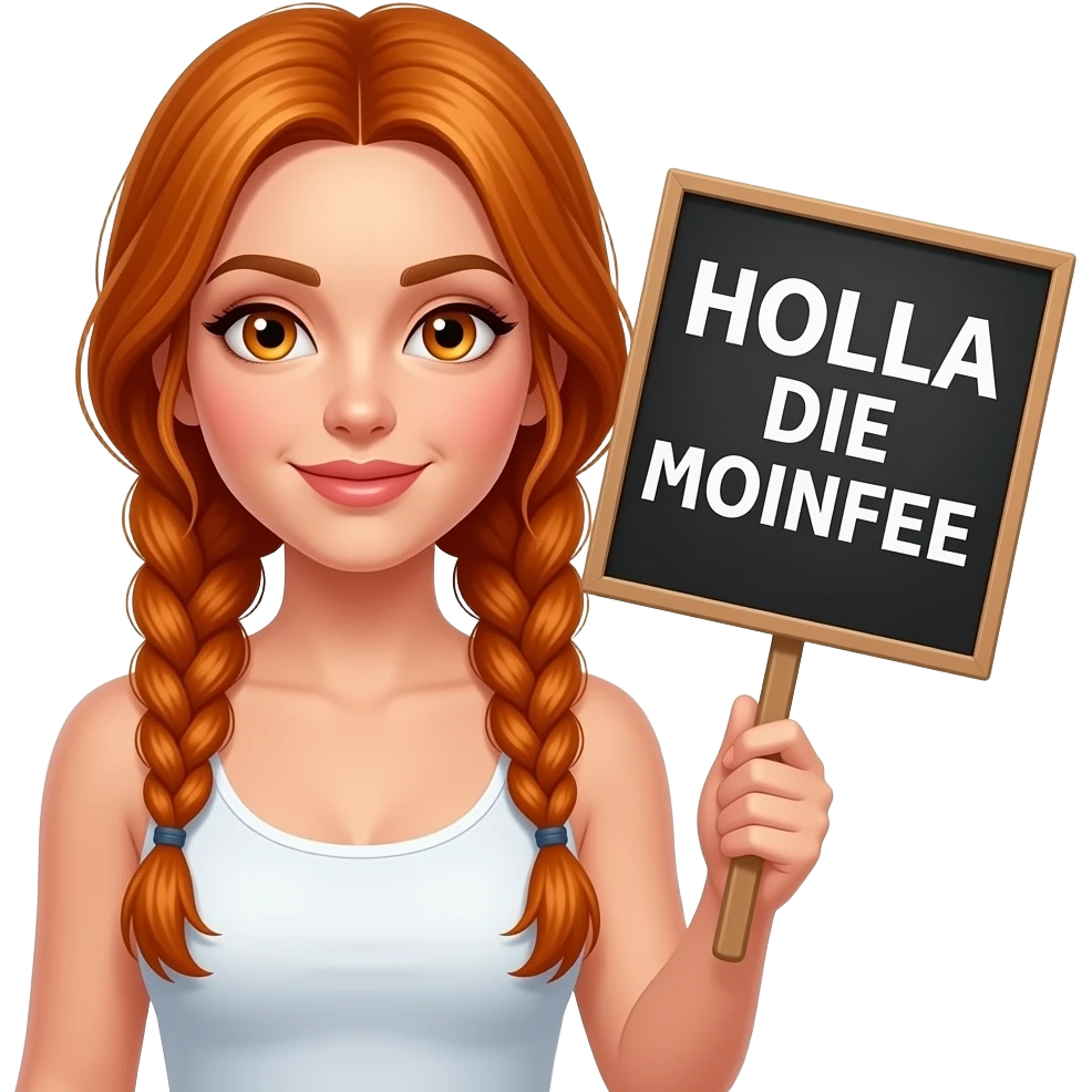 sexy girl with long ginger braids and ginger eyes wearing a white tanktop is holding a black sign with HOLLA DIE MOINFEE written on it emoji