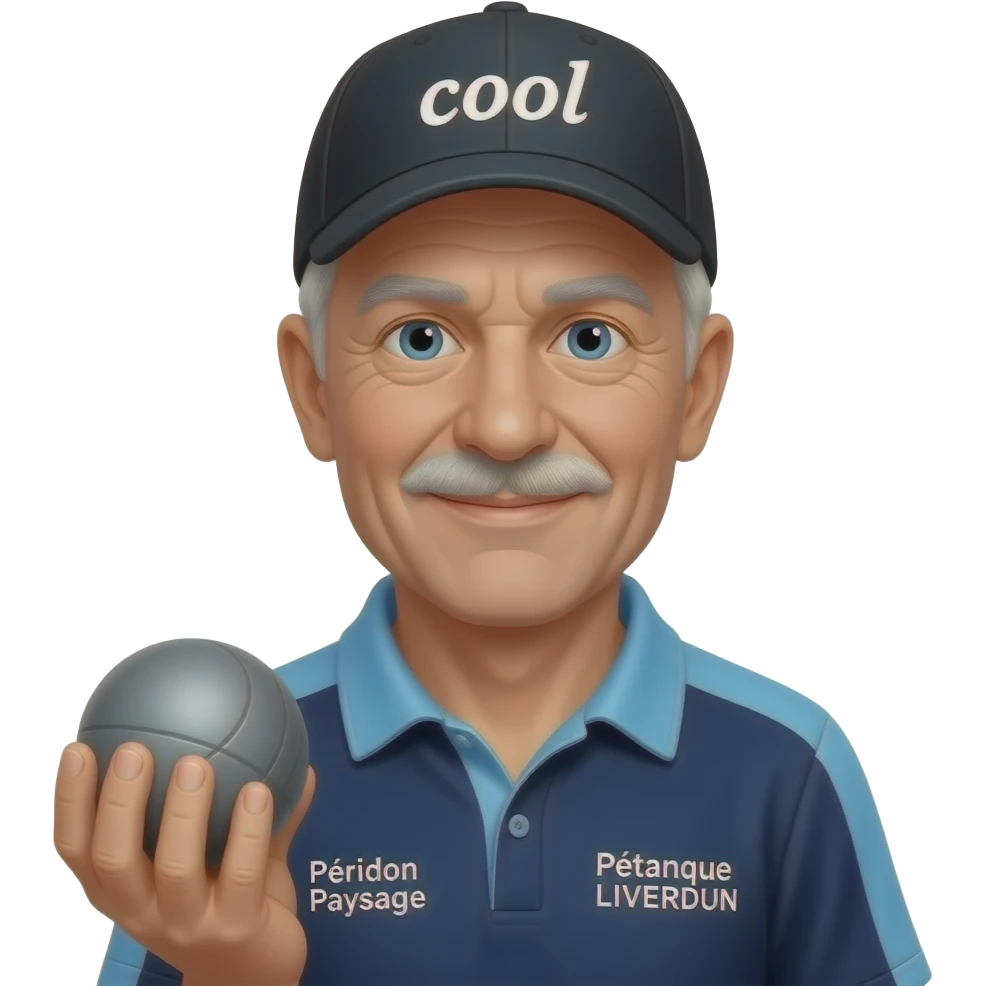 tête homme 70 ans sous casquette noire marquée "cool" avec boule de pétanque grise sur maillot bleu foncé avec col trois boutons bleu clair avec épaules seules bleu clair coté droit Pétanque LIVERDUN, côté gauche "Péridon Paysage" emoji