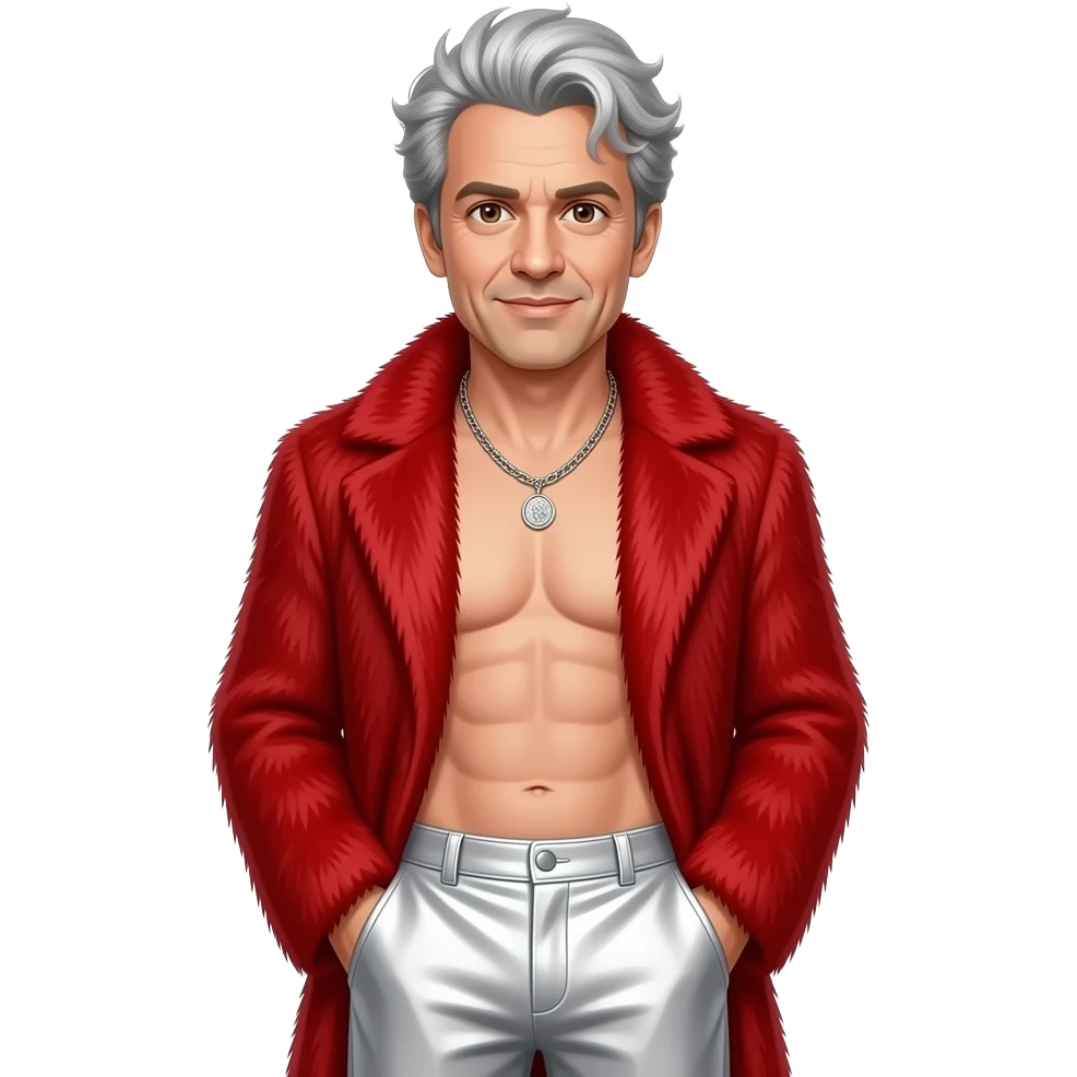 Johnny Knoxville with brown eyes, silver hair, red fur coat, white metallic baggy pants, shirtless with necklace emoji