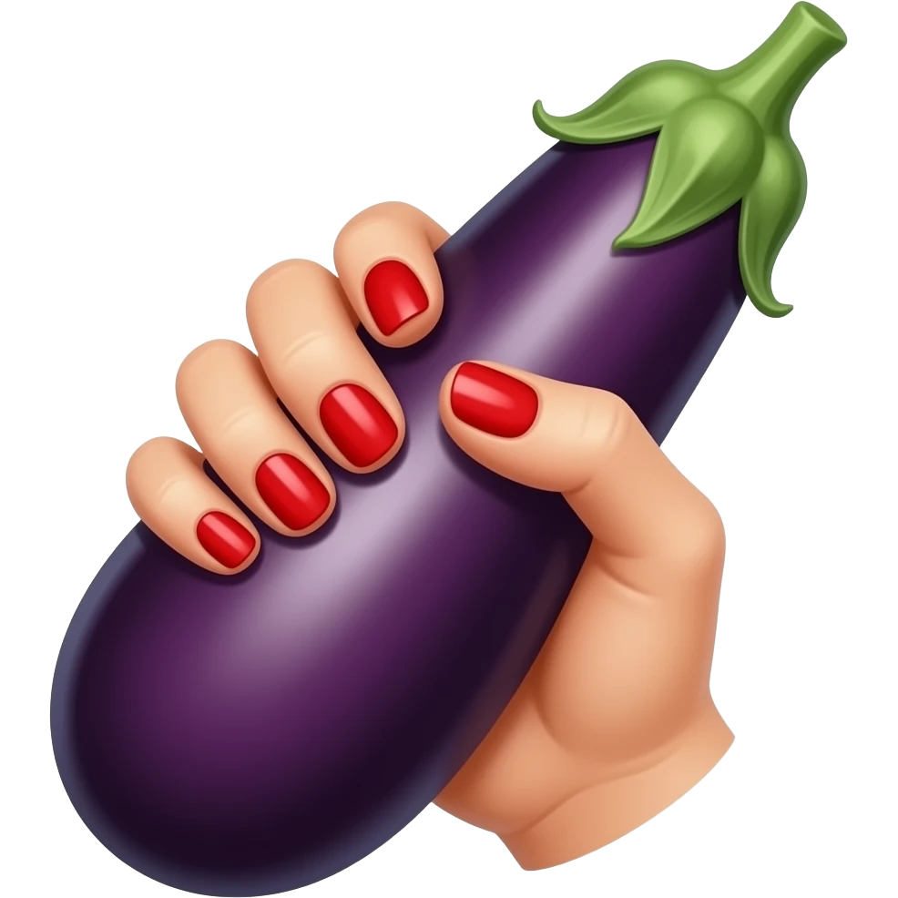 one wowan hand with red nail polish wrapped around long eggplant emoji