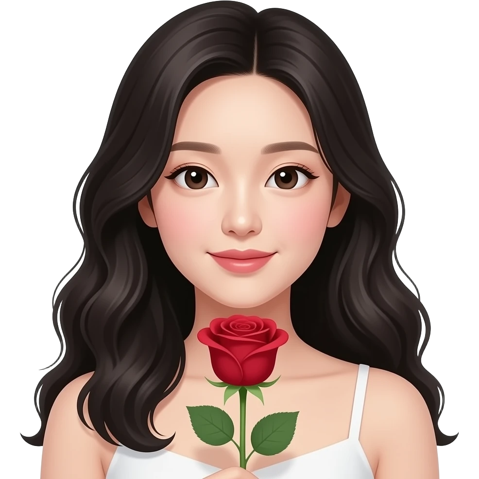 Mujer coreana recibiendo una rosa, que la chica sea piel muy clara, cabello ondulado y negro y con ojos asiáticos emoji