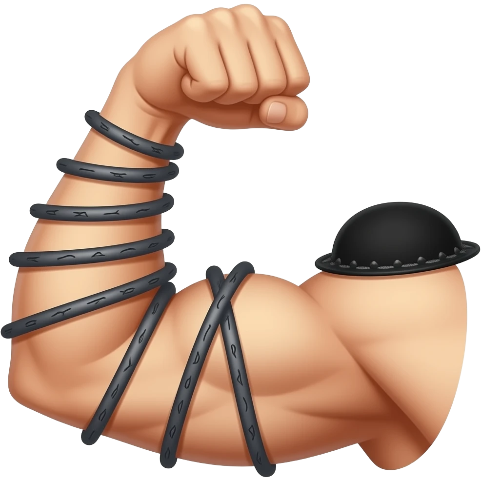 Flexed bicep with black phylacteries spiral wrapped around the arm with the black tefillin box on the top of the bicep💪➰⬛️ emoji