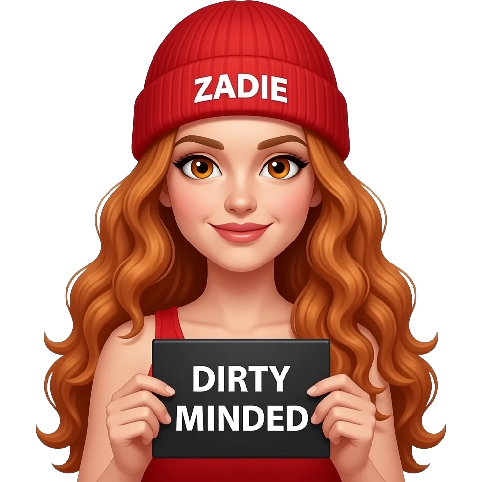 sexy girl with overlong wavy ginger hair and ginger eyes wearing a red tanktop and a red beanie with ZADIE written on it, is holding a black sign with DIRTY MINDED written on it emoji