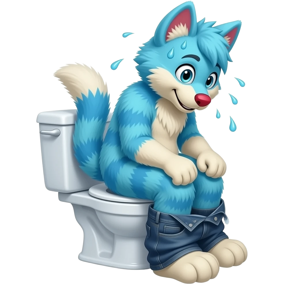 blue fursuit sitting on toilet, side view , pants down, pushing, sweating and redface emoji