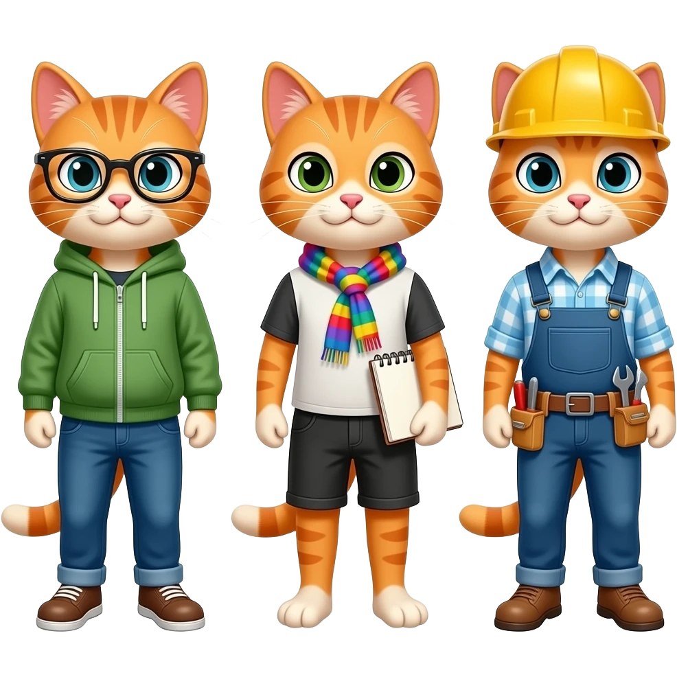A cat that cosplays as a software engineer and then cosplays as a product designer (artist) and then cosplays as a builder the cat is orange cat as claude code is orange emoji