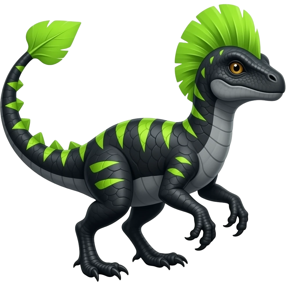 Cool edgy ancient black-scaled with neon-green triangular stripe markings digitigrade vintage futuristic raptorik fantasy-Cyberpunk-Steampunk-Solarpunk-Genesect-Salamence-Tyranitar-Vernid-Fionbri-Fakémon-animal-hybrid, with neon-green feather-Mohawk, and a tail spade, with back spikes, full body emoji