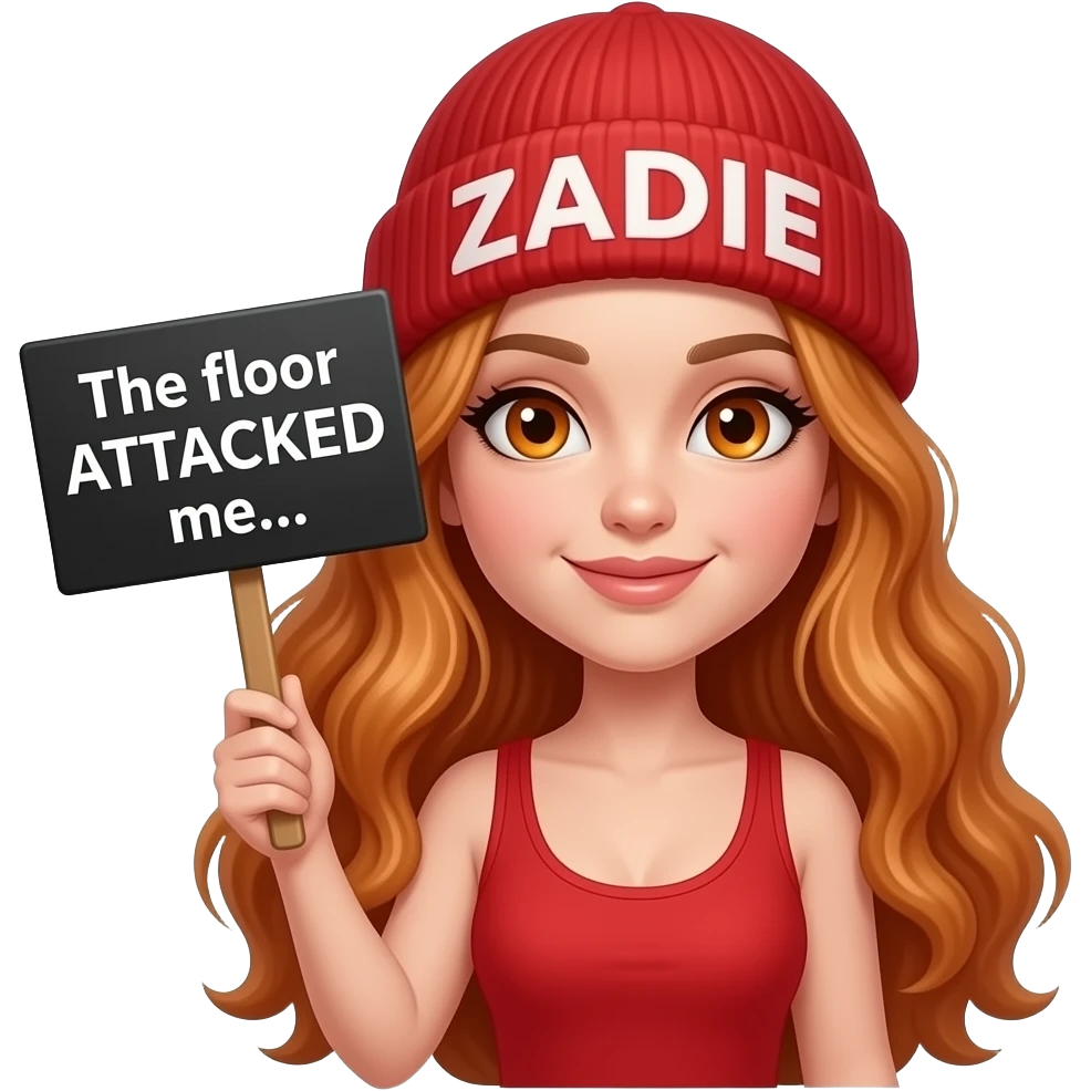 sexy girl with overlong wavy ginger hair and ginger eyes wearing a red tanktop and a red beanie with ZADIE written on it, is holding a black sign with The floor ATTACKED me... written on it emoji