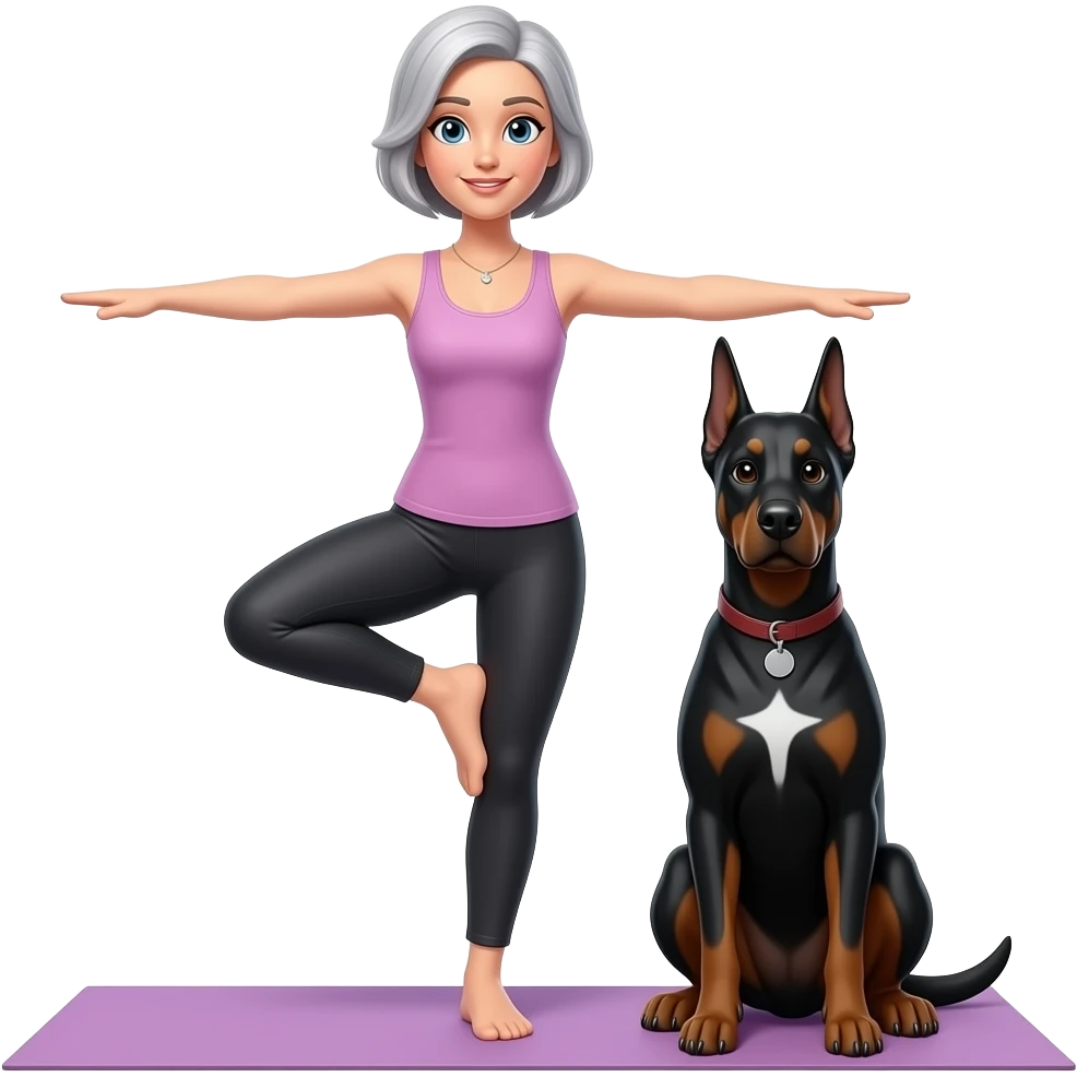 a female short gray hair yoga teacher doing yoga with her sit well behaved black great dane emoji