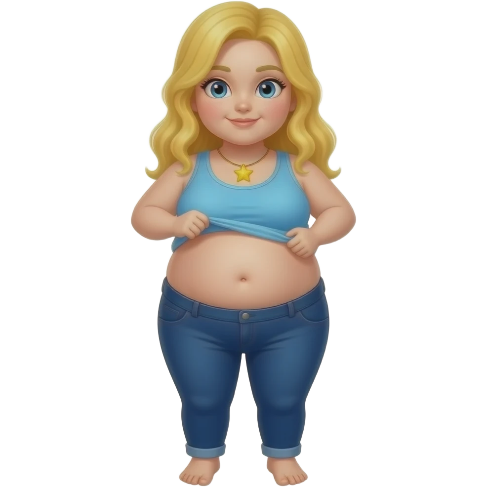 Chubby white girl blue eyes yellow long hair light blue tank top yellow star necklace dark blue plain pants showing her feet lifting her tank top up to show chubby belly button emoji
