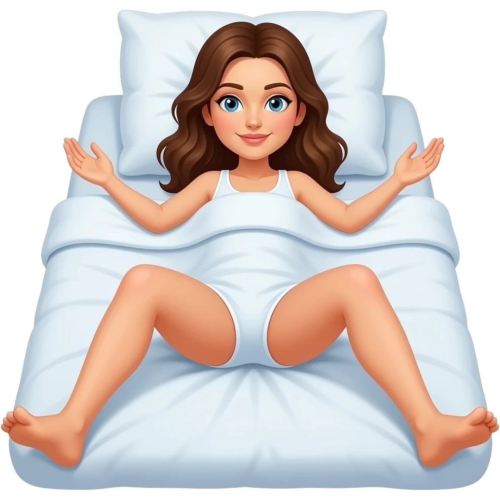 woman with brown hair laying on bed with legs open, no clothes emoji