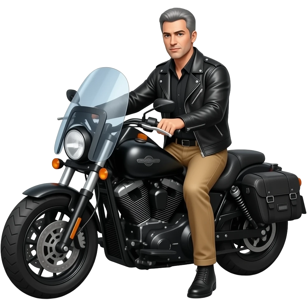 Black and gray short hair clean shaven man with no beard in black leather jacket and black shirt and tan pants riding on a harley with a windshield and saddlebags emoji