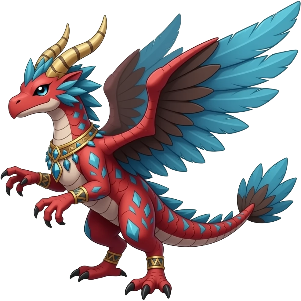 Red and blue and dark brown feathery tribal beautiful gorgeous attractive pretty Raptorik scaley feathery horned Amaura-Wargreymon-Aurorus-ExVeemon-WereGarurumon-Pokémon-Fakémon-hybrid-fusion-creature, full body emoji