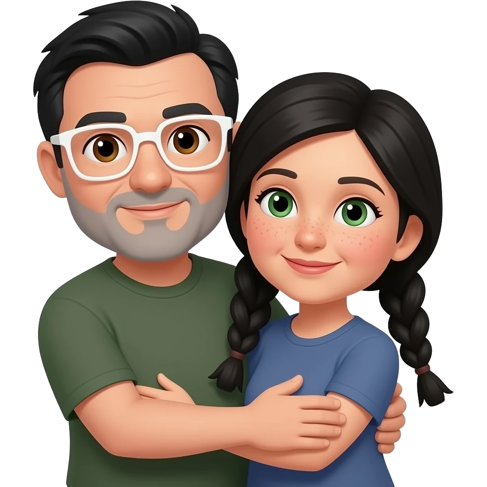 Black haired middle aged guy with floppy straight hair bangs to one side, brown eyes, olive skin, gray beard and white colored rim squared glasses tightly hugging a black hair middle age woman with long pigtails, rosy cheeks, nose freckles, and  green eyes emoji