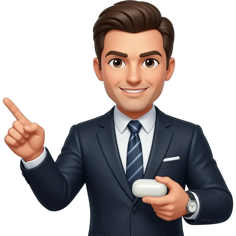 A serious man with a watch on his wrist points to one side with one hand and holds a bar of soap with the other. emoji