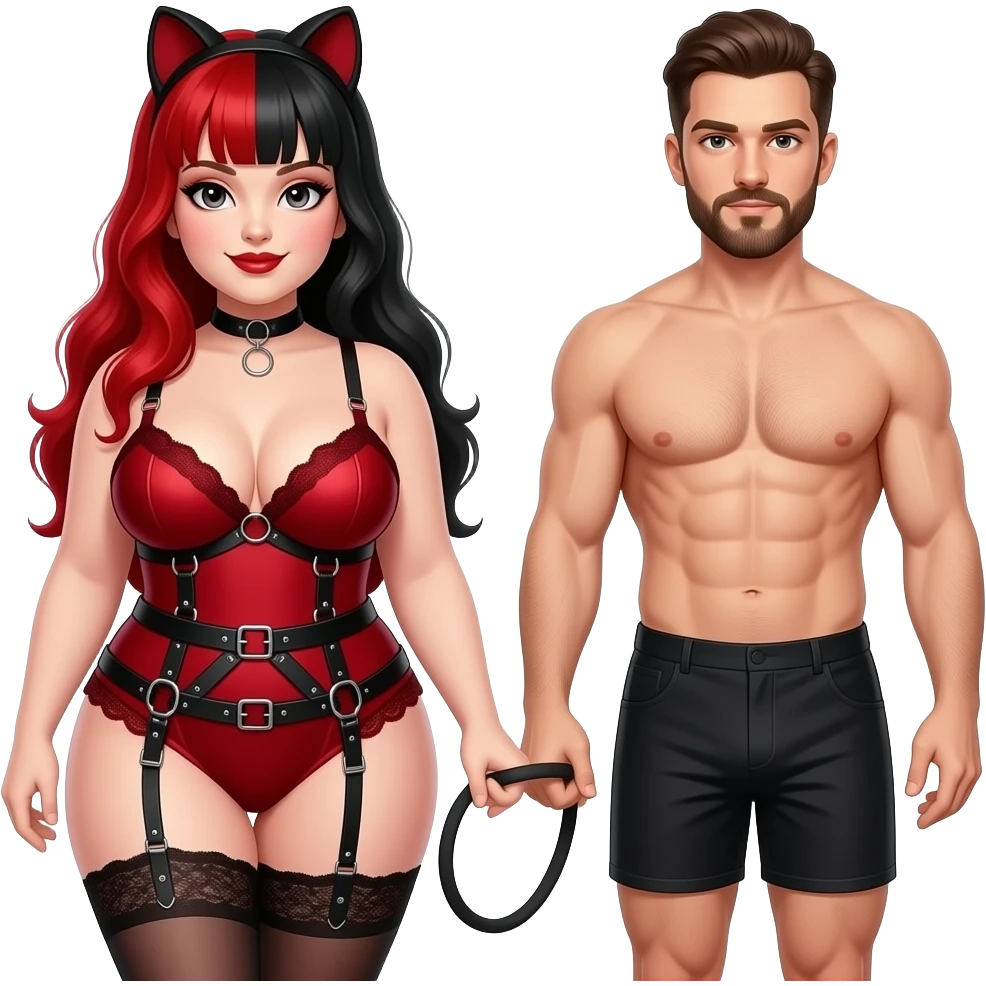 Dominatrix wearing a darkred bdsm style harness lingerie. White skin, chubby, dark Make the girl have long red and black hair and male partner in boxers getting walked on a leash with goatee facial hair emoji