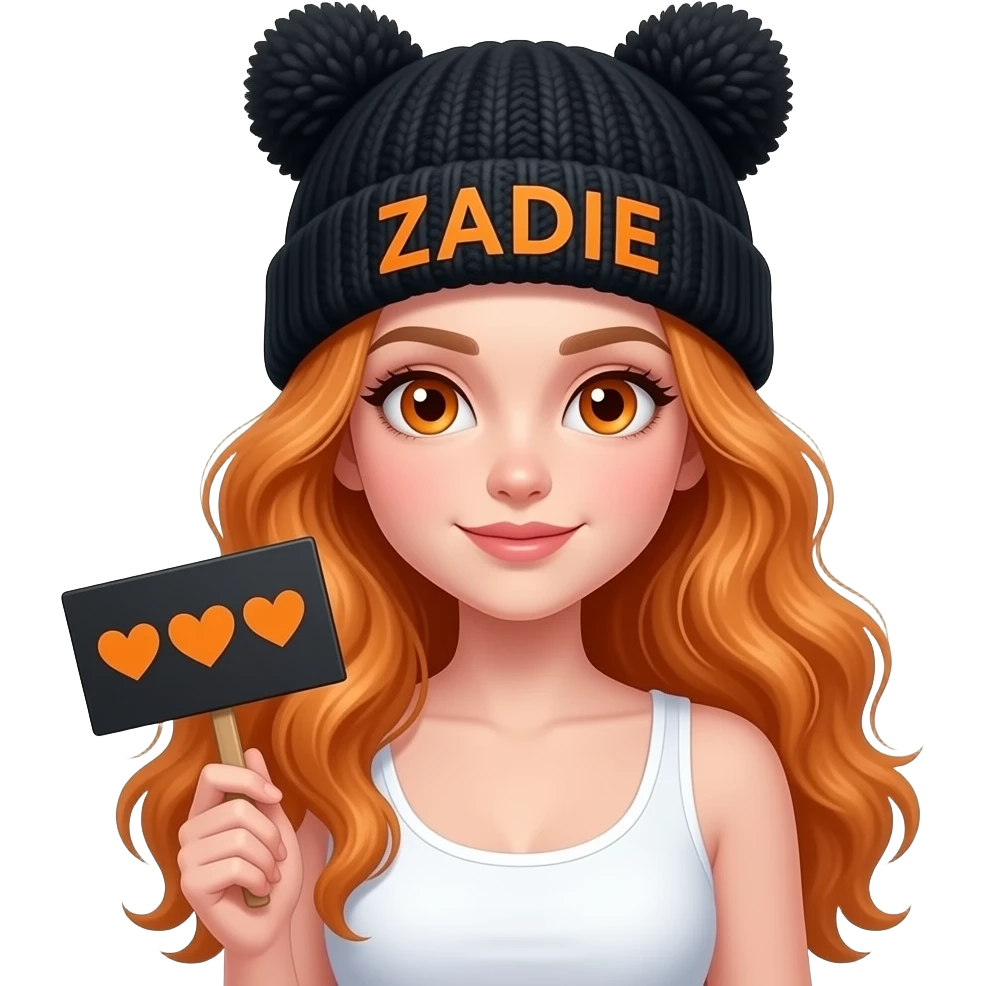 sexy girl with overlong wavy ginger hair and ginger eyes wearing a white tanktop and a black pom pom hat with cat ears with ZADIE written on it is holding a black sign with 🧡🧡 🧡 on it emoji