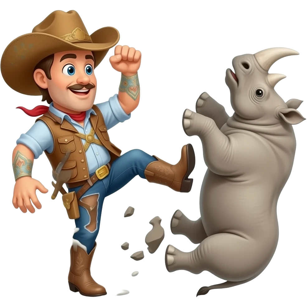 Big texas cowboy boot kicking out a falling rhino emoji