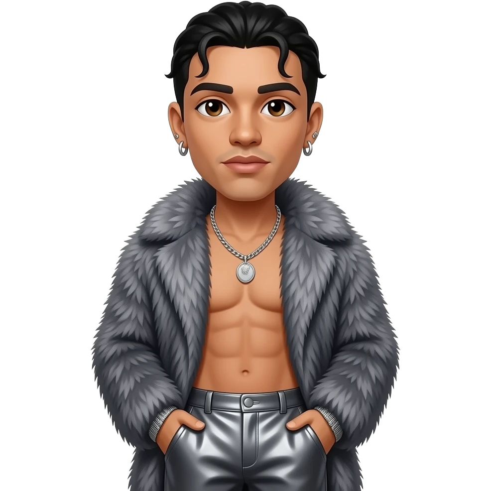Bad Bunny with brown eyes, black hair, charcoal gray fur shawl, charcoal gray metallic baggy pants, shirtless with necklace and earrings emoji