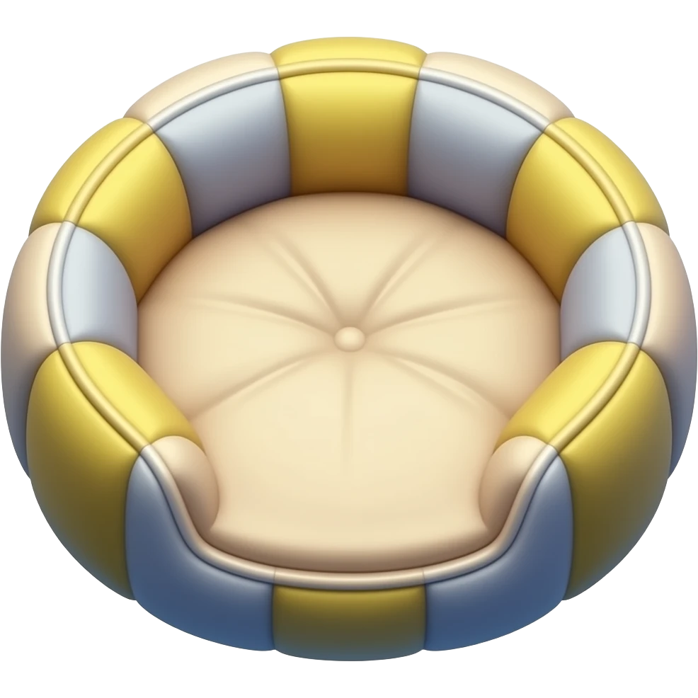 Create a cute polished 3D game icon of a cozy dog bed. Soft round cushion shape with raised edges, colorful, plush fabric texture, rounded details, gentle shadow. Empty bed only, no cat, no animal, no character, no face, transparent background, no text. emoji