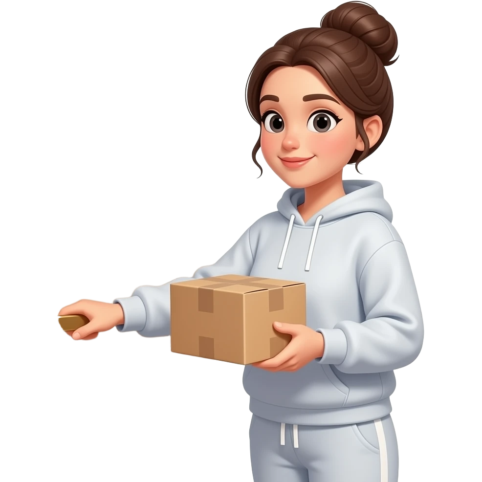 pretty woman in a sweatshirt, sweat pants and a bun opening a door to pick up her package emoji