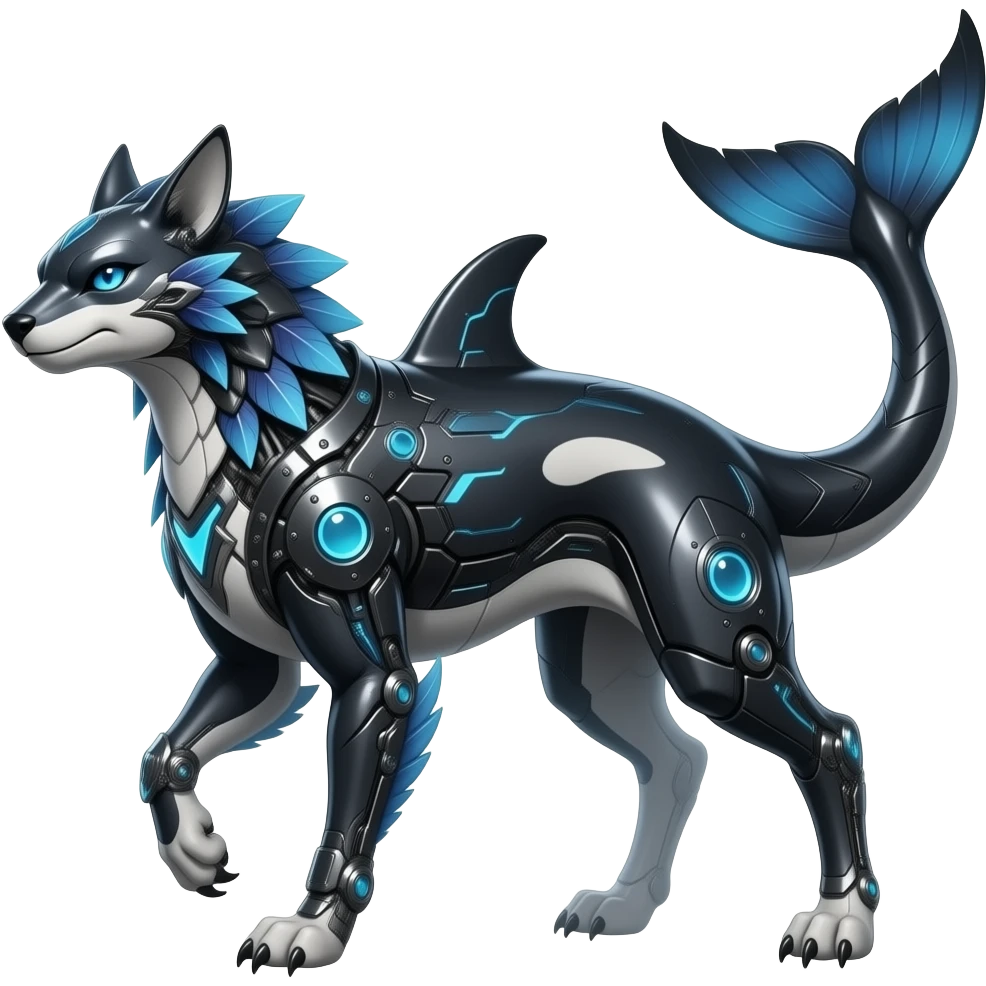 Tough realistic glossy feathery oily smooth Quadrupedal digitigrade shiny glossy smooth finned frilled gothic tall slim unique epic legendary shiny edgy cool cyberpunk-solarpunk-fantasy-Sharpedo-Sceptile-Sprigatito-Flyogn-Vaporeon-Electrike-Fakémon-hybrid with an orca tail emoji