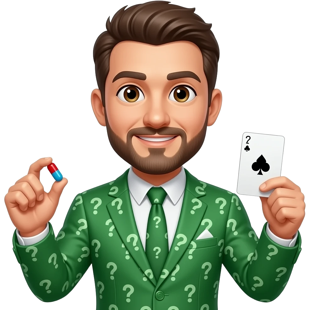 make suit green with question marks and holding pill in one hand and playing card emoji