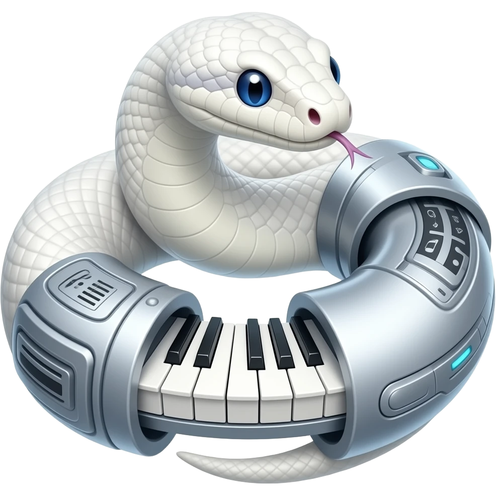 albino boa constrictor wrapped around futuristic tubular musical keyboards emoji