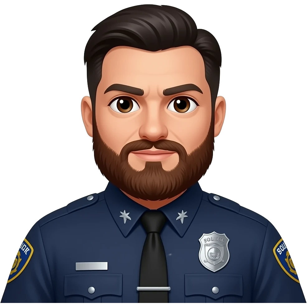heavy set police officer detective with a full black/red beard and slicked back black hair brown eyes emoji