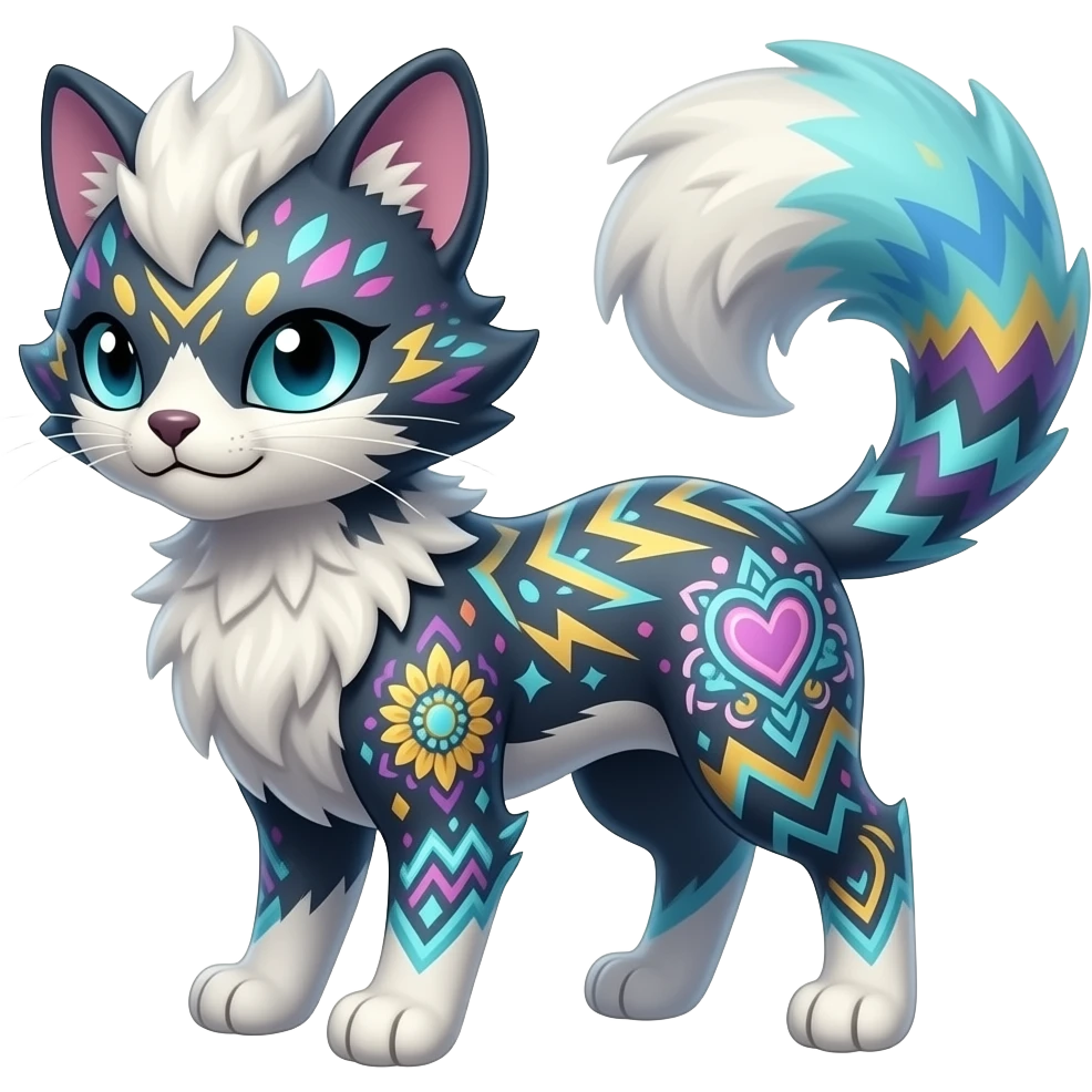 Colorful unique fantasy original shiny smooth soft flurry edgy cool Civet-Absol-Sprigatito-Vaporeon-Fakémon-hybrid with tribal chevron heart floral lightning bolt strikes damask paisley markings emoji