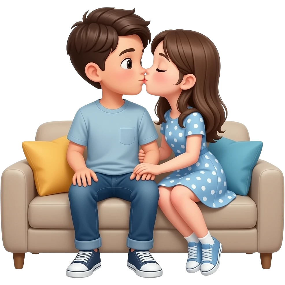 یه پسر نشسته روی مبل و یه دختر نشسته روی پای پسر و داره بوسش میکنه emoji