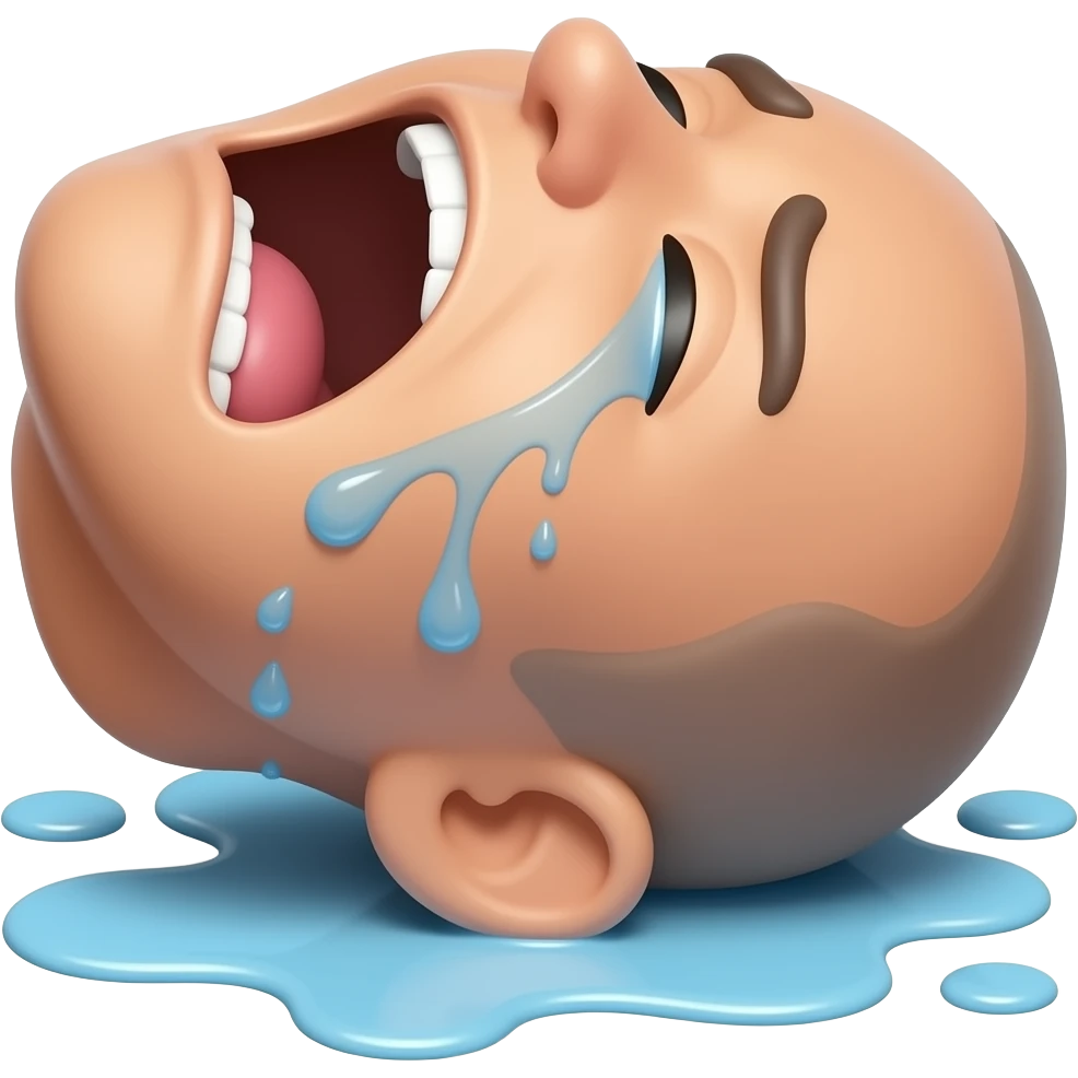 Make a smiley face emoji. Its crying loud. Head turn up. Mouth still visble. Tears are raining on the floor. Mouth open very wide. Eyes not visble. Eyes not visble. Its not smiling but mouth frowing emoji
