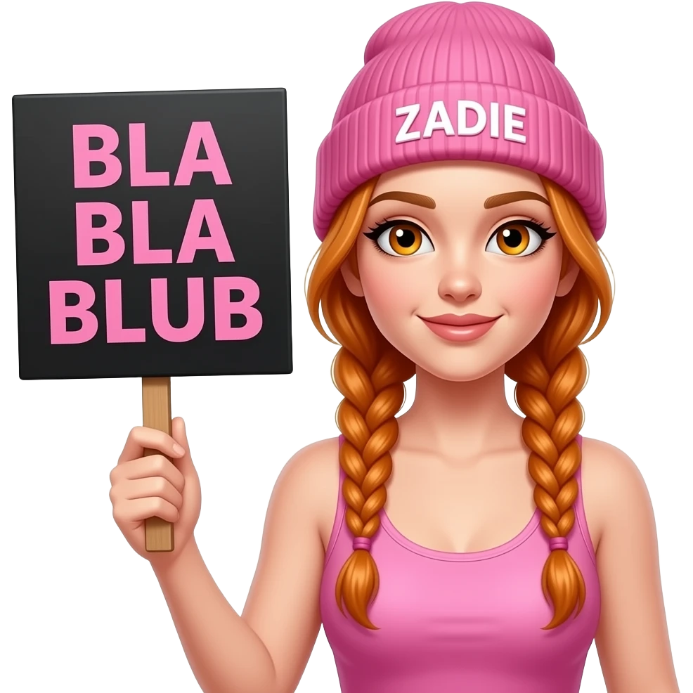 sexy girl with overlong ginger braids and ginger eyes wearing a pink tanktop and a pink beanie with ZADIE written on it, is holding a black sign with BLA BLA BLUB written on it emoji