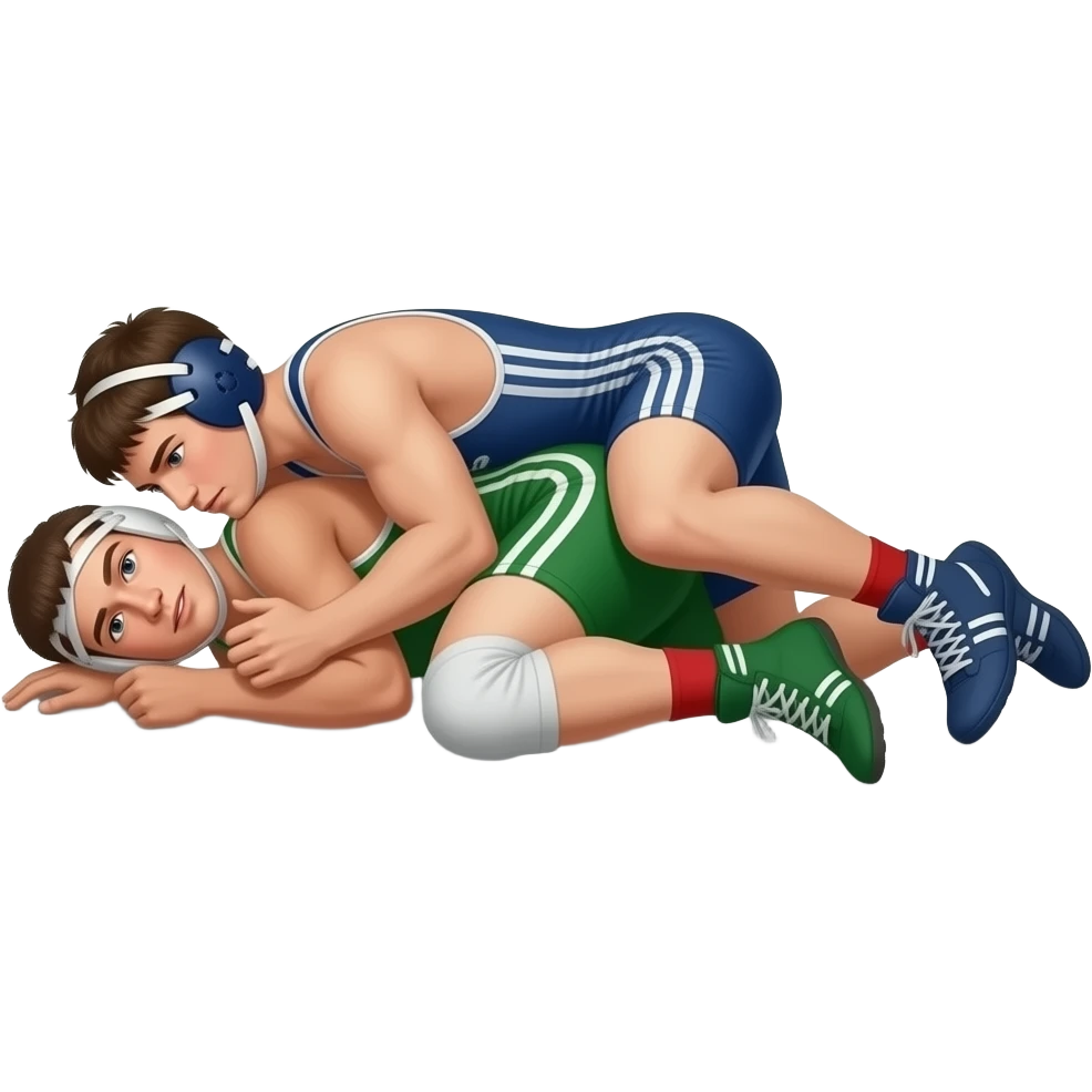Erstelle ein Bild von zwei Uni-Wrestler in kurzen, knappen und engen Wrestler-suits, die beiden haben unterschiedlich Farben an (Grün und blau) und sie ringen liegend miteinander auf dem Boden emoji