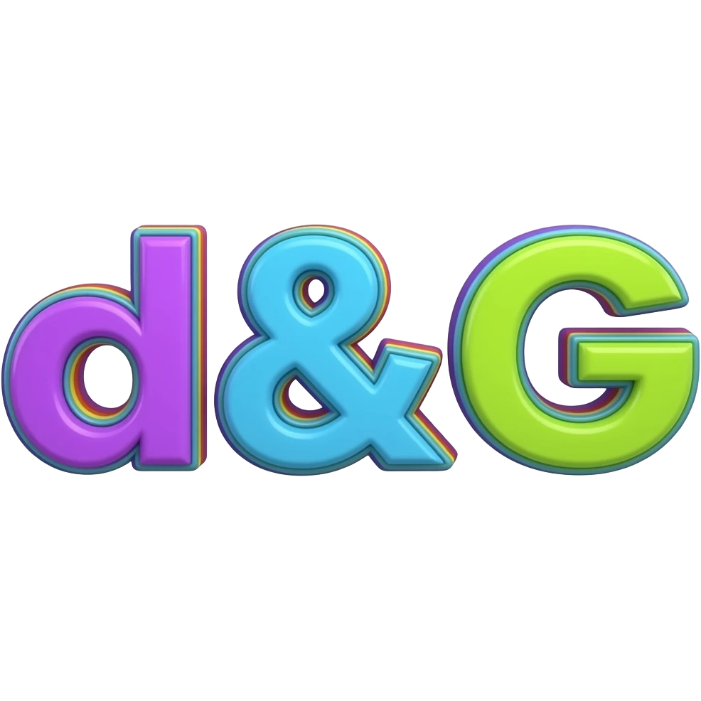 name "d&g" in purple bright blue lime green 3D style typography lettering, each color of the rainbow as a border outlined around each letter, isolated, 3d rendering, no emoji icons no emoji faces and must have no human figures emoji