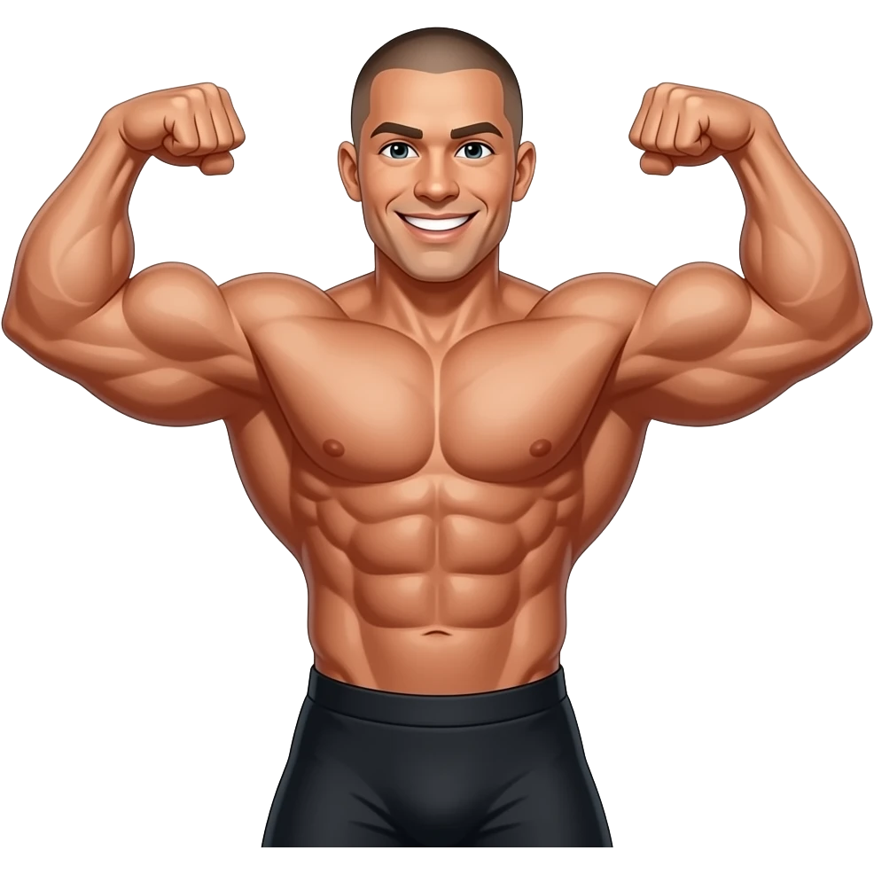 A sepia-toned, medium shot shows a muscular bodybuilder with a shaved head and a wide smile. He is flexin. His massive biceps and chest muscles are prominently displayed emoji
