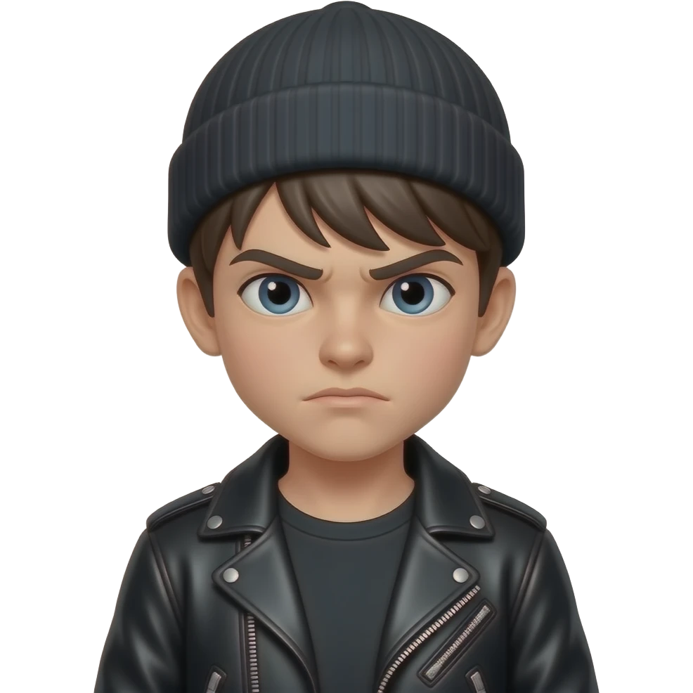 Half body emoji of a boy with short dark brown hair, small bangs, blue-grey eyes, in black leather jacket and a beanie on, mean expression emoji