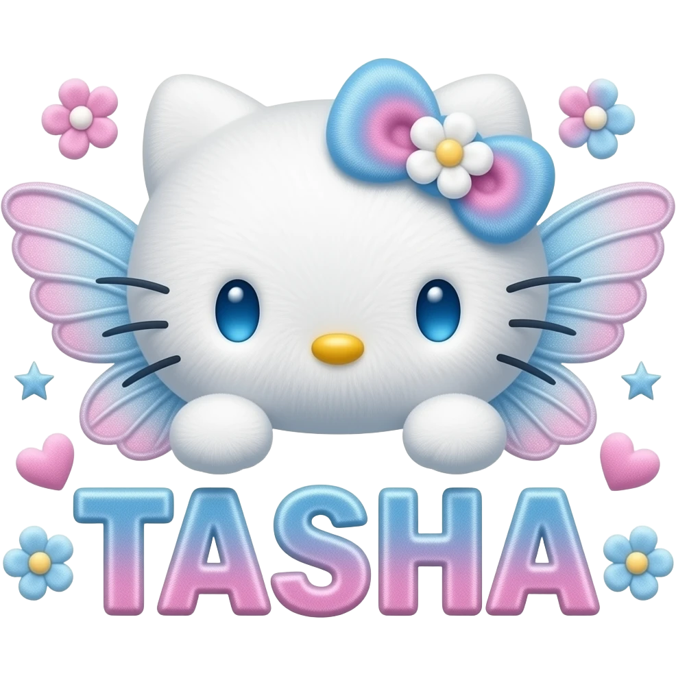 White velvety fur 3D hello kitty head with blue pink gradient 3D flower ...