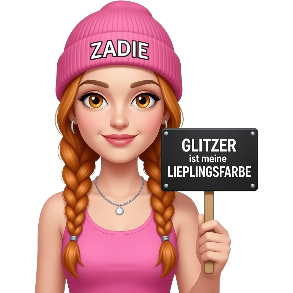 sexy girl with overlong ginger braids and ginger eyes wearing a pink tanktop and a pink beanie with ZADIE written on it, is holding a black sign with GLITZER ist meine LIEBLINGSFARBE written on it emoji