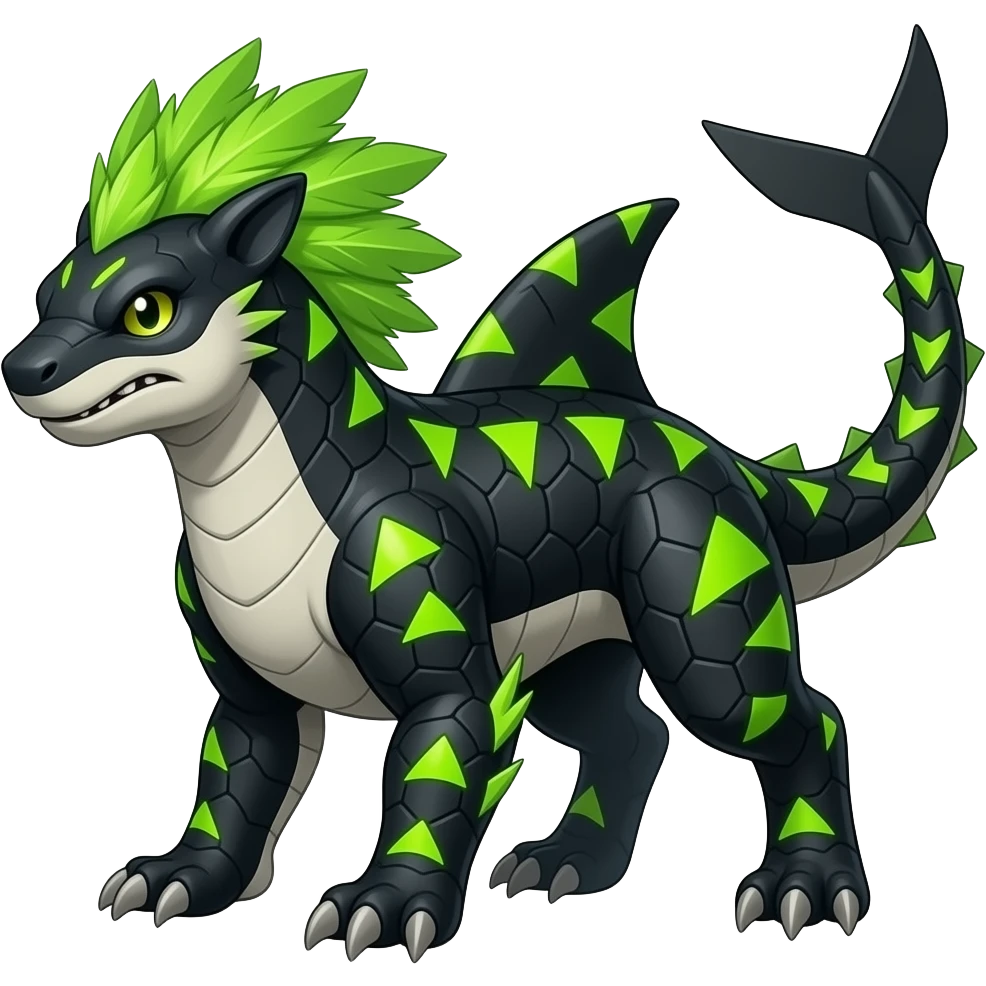 Cool edgy ancient black-scaled with neon-colored triangular stripe markings digitigrade bipedal vintage futuristic fantasy-Cyberpunk-Steampunk-Solarpunk-Genesect-Salamence-Tyranitar-Vernid-Fionbri-Fakémon-animal-hybrid, with neon-green feather-mane, shark back fin, tail blade, back spikes, full body emoji