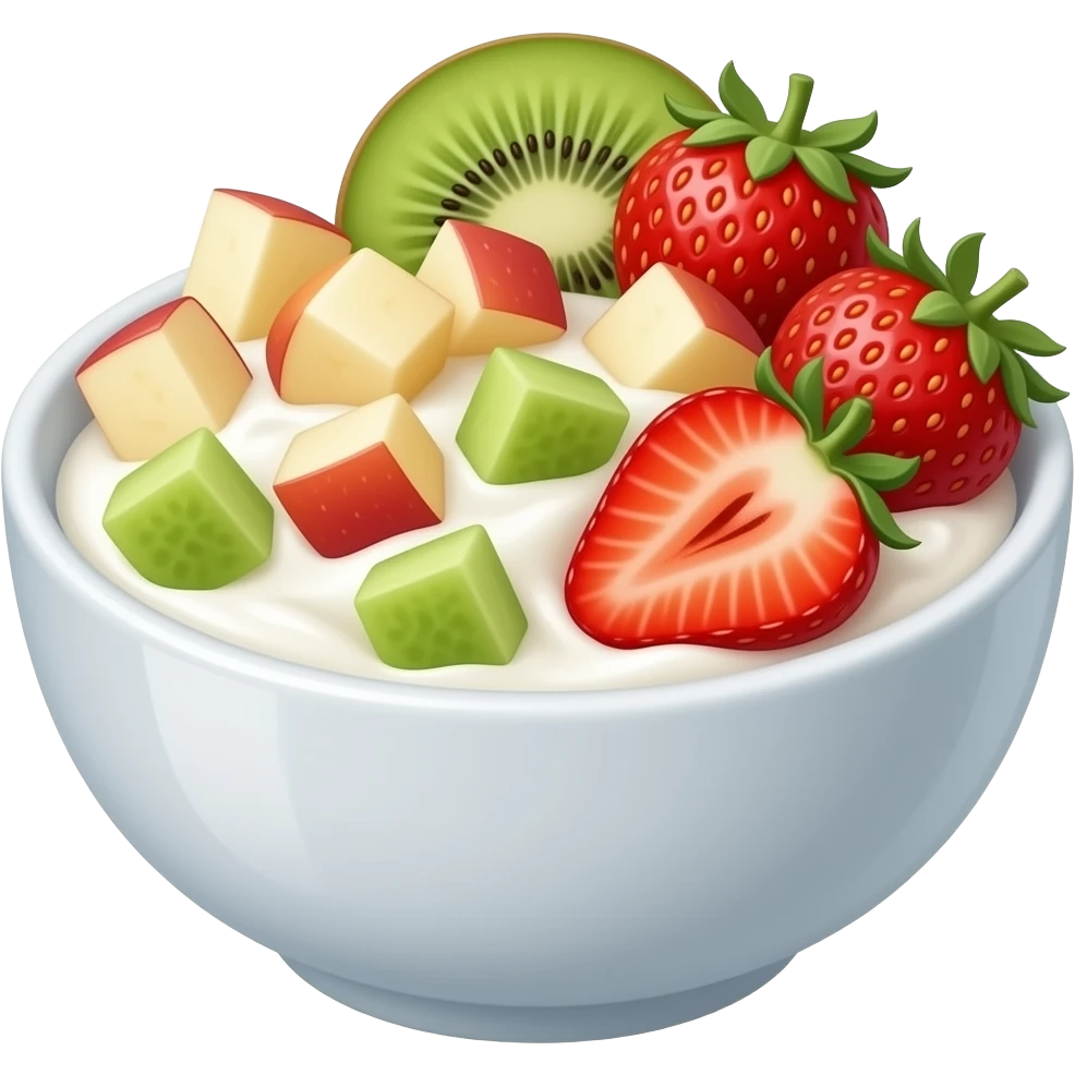 Yoghurt bowl with diced apples kiwis and strawberries emoji