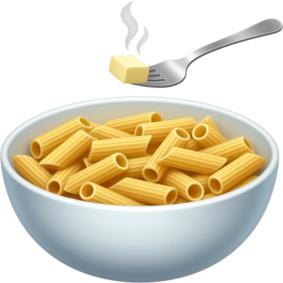 Penne noodles in a bowl with a little slab of butter in a fork and steam emoji