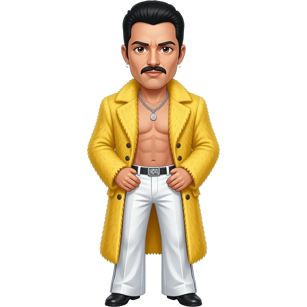 Freddie Mercury with brown eyes, black hair and thin mustache, yellow fur coat, white metallic wide leg pants, shirtless with necklace and earrings emoji