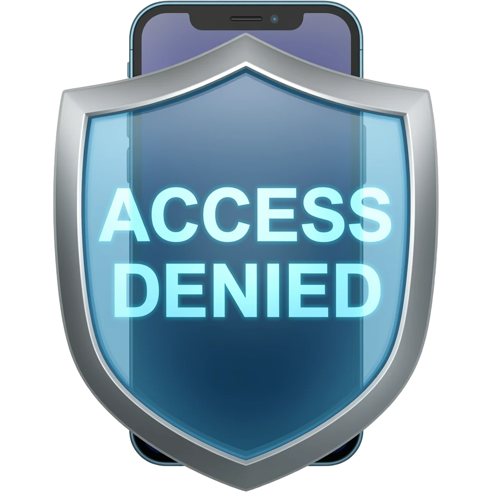 A modern smartphone protected by a glowing glossy shield. High security concept, access denied emoji