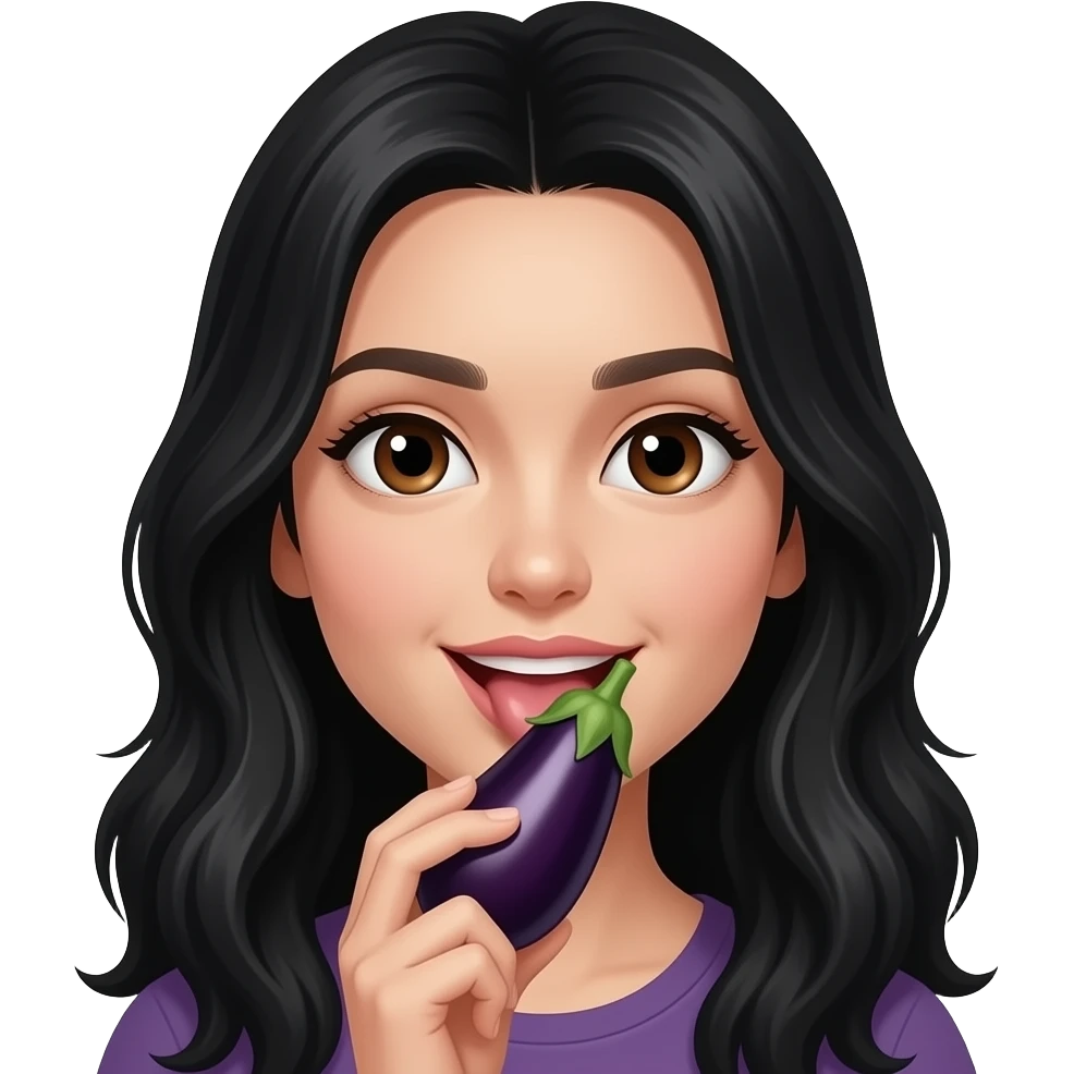 Long Black hair brown eyes licking an eggplant emoji