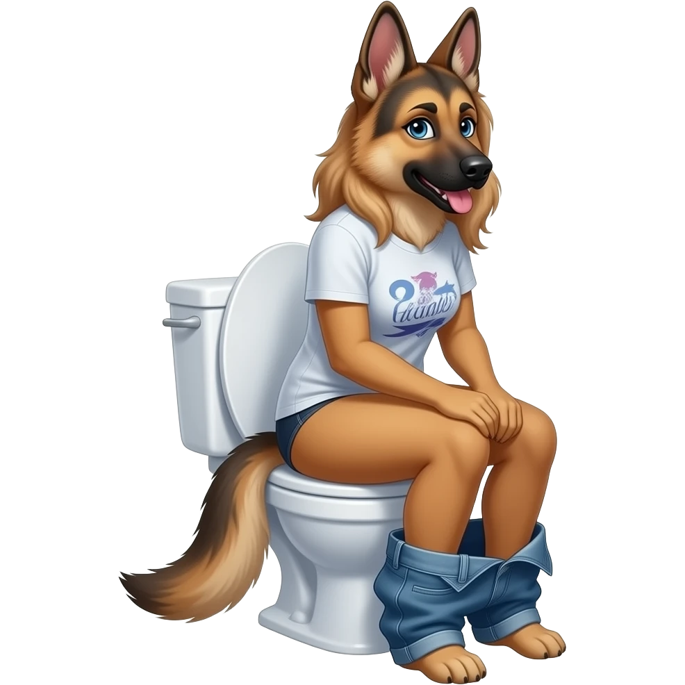 Female german sheopord furry person woman sit on toilet pants down,fursona emoji