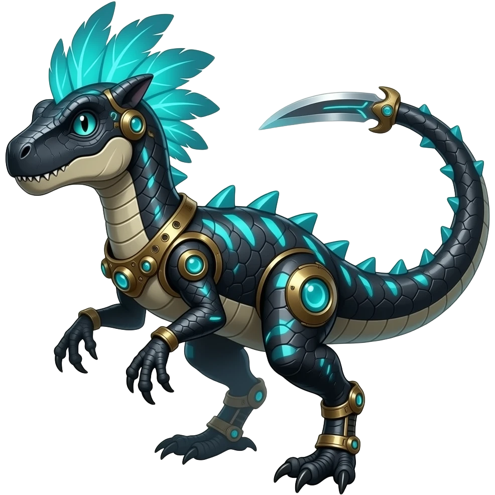 Cool edgy ancient black-scaled with neon-blue stripe markings digitigrade bipedal vintage futuristic raptorik fantasy-Cyberpunk-Steampunk-Solarpunk-Genesect-Salamence-Cyclizar-Salazzle-Feraligatr-Fakémon-animal-hybrid, with neon feather-mane, and a tail blade, back spikes, full body emoji