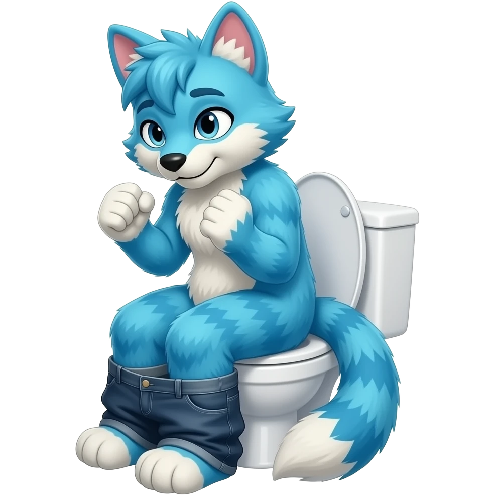 Blue female fursuit sitting on toilet, pants down, side view , both fists , uncomfortable, emoji