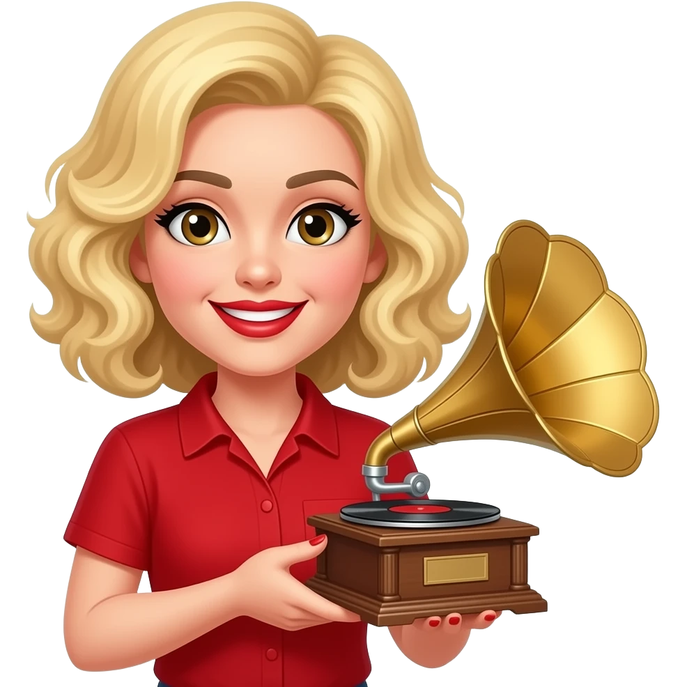 above neck Short blonde curly hair holding a victrola with red nails, in a red short sleeve shirt, red lipstick, black eyebrows emoji